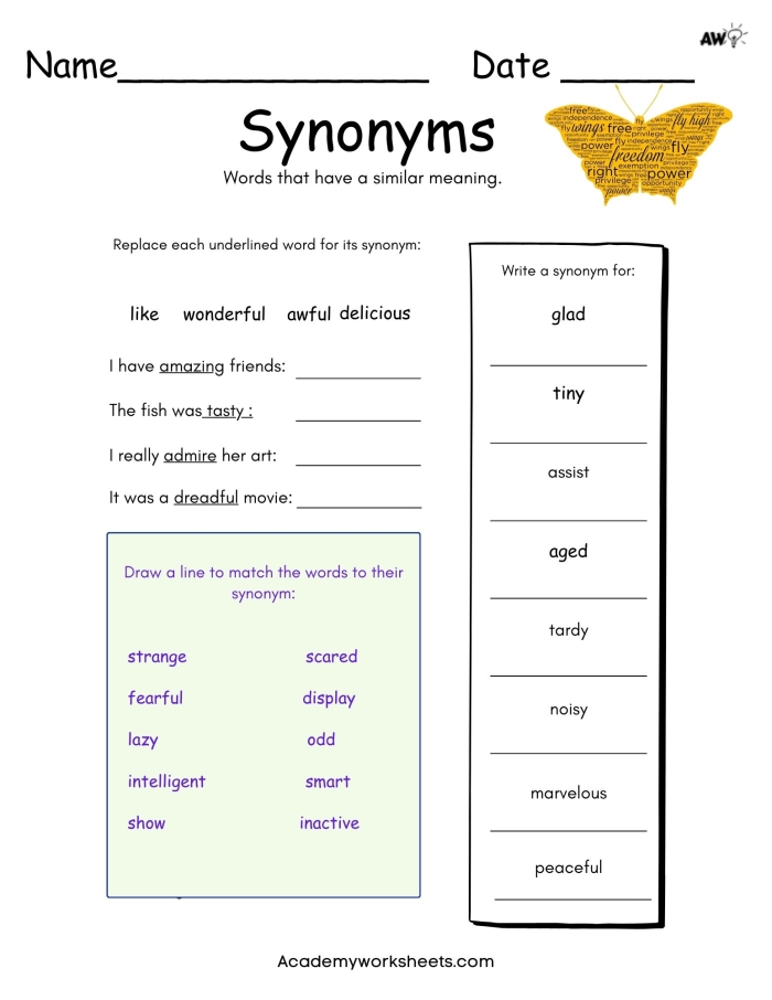 Engaging phonics activity promoting synonym recognition through matching exercises Synonym Word Match worksheet for second graders featuring pairs of adjectives for grammar practice