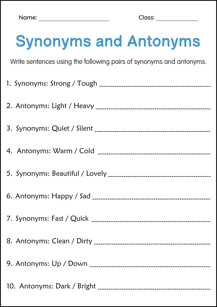 Synonyms and Antonyms worksheet for third graders focusing on word meanings