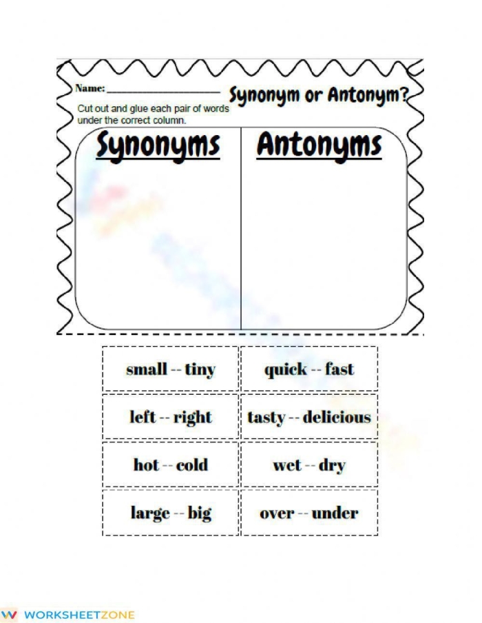 Worksheet for identifying synonyms and antonyms for fourth graders
