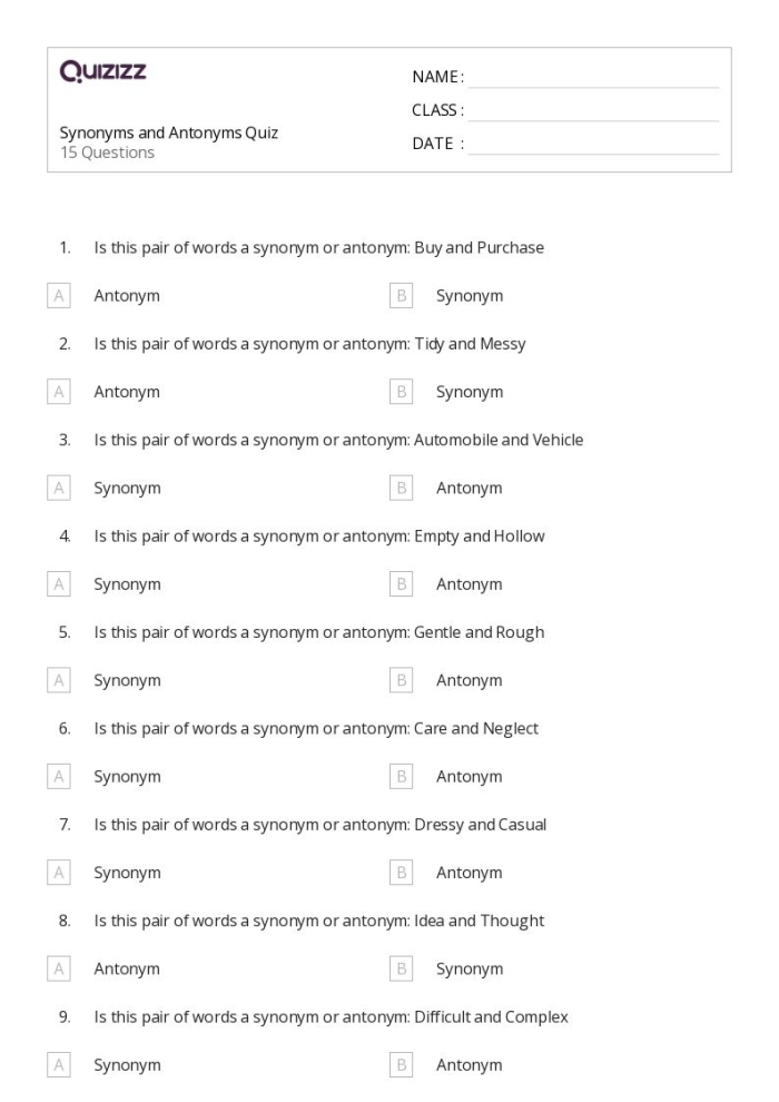 Synonyms and antonyms worksheet for fourth graders focusing on sight words