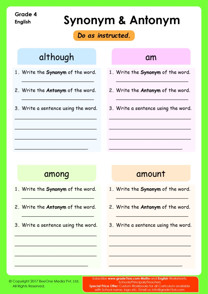 Worksheet featuring synonyms and antonyms for fourth and fifth graders to enhance their vocabulary skills