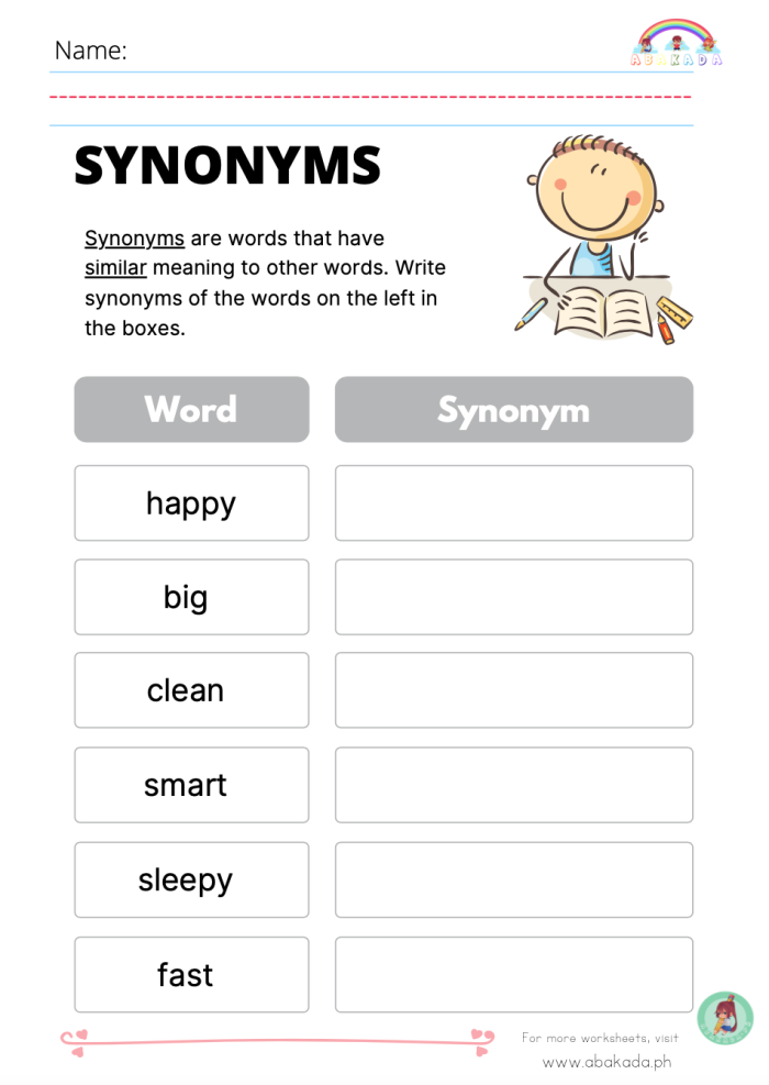 Worksheet featuring synonyms for third graders in a geometry context