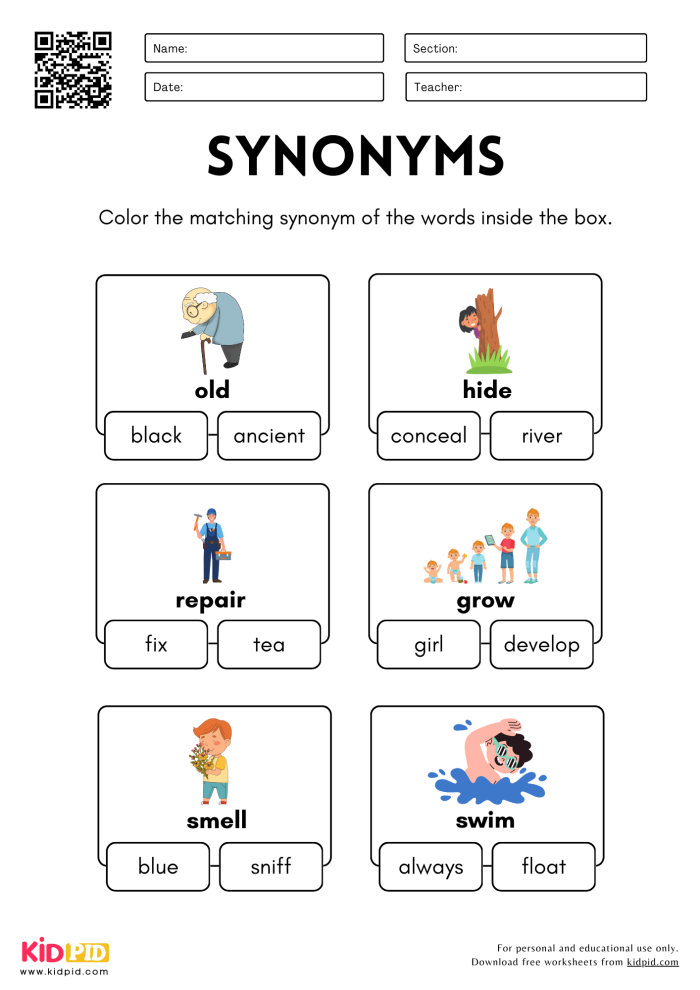 Worksheet featuring synonyms for third graders in a geometry context
