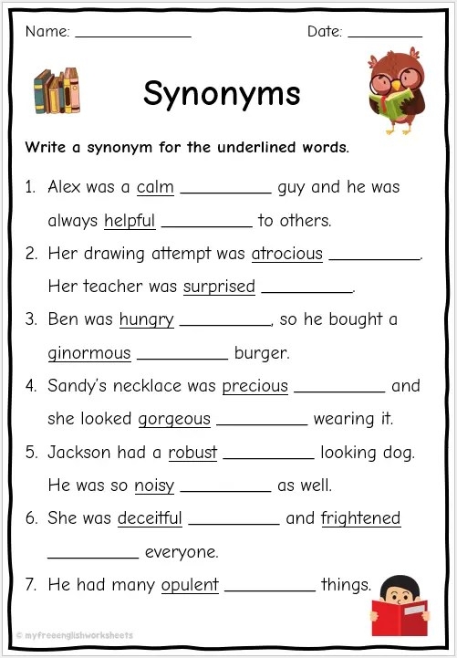Worksheet featuring a fun activity to find synonyms for third graders