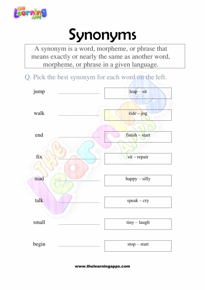 Worksheet featuring synonyms activity for third graders