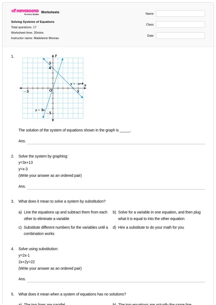 Eighth grade algebra worksheet example 3 demonstrating systems of equations solutions Two linear equations with coordinate plane showing intersection point labeled as solution