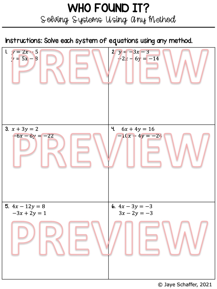 Eighth grade algebra worksheet for solving systems of equations using any preferred method