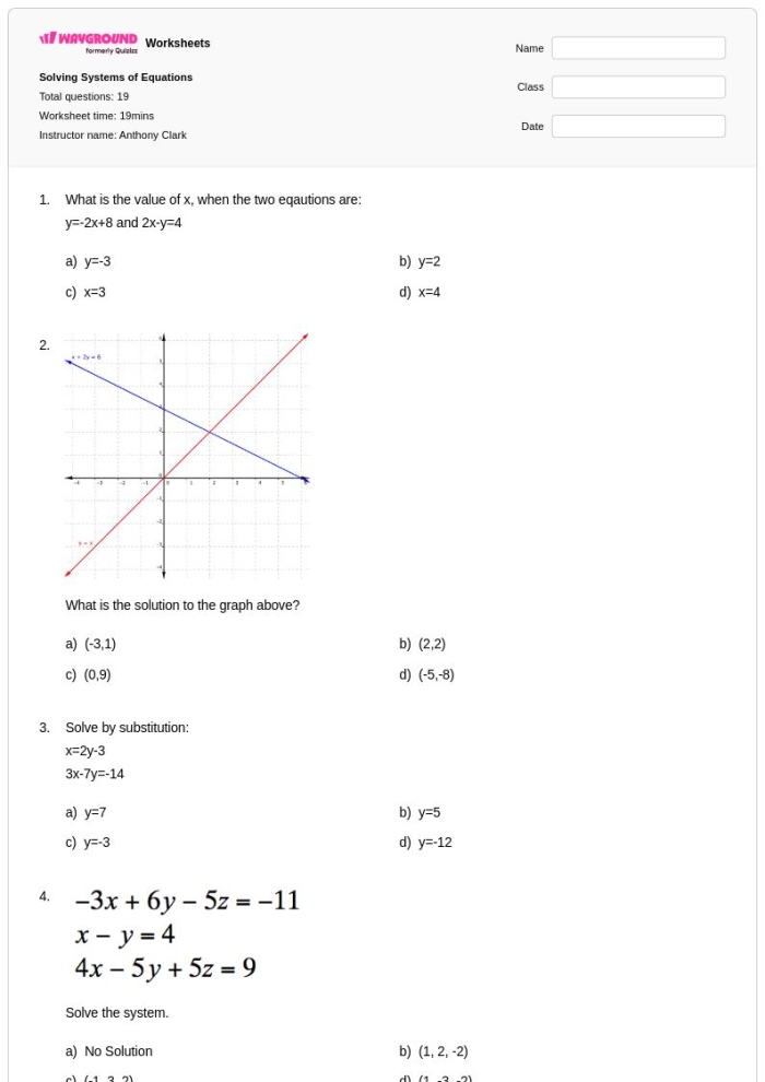 Systems of Equations Solutions Practice Activity for Grade 8 Math Eighth grade algebra worksheet showing practice problems for identifying solutions to systems of equations with multiple coordinate pairs and linear equations
