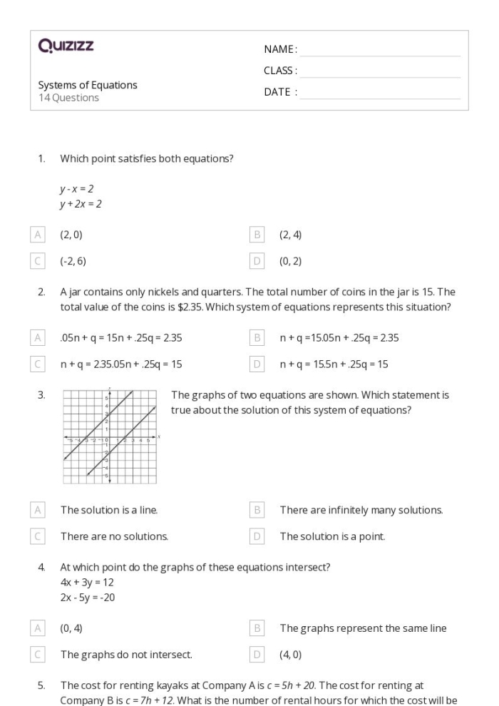 Eighth grade math worksheet requiring students to identify the number of solutions for systems of equations based on slope and intercept