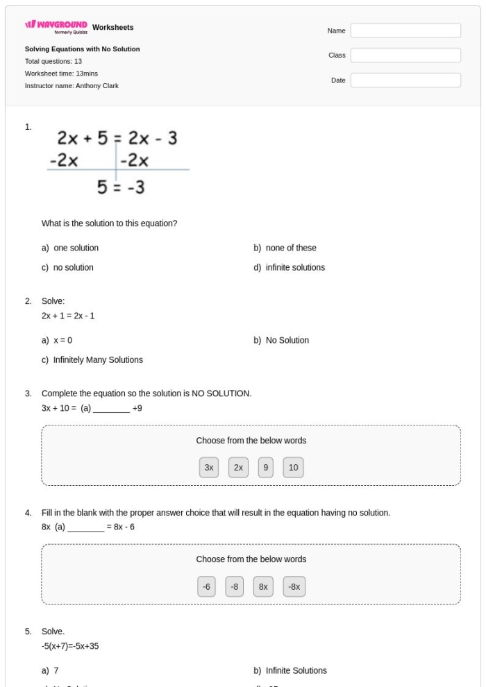 Eighth grade worksheet on determining the number of solutions for systems of equations using slope and y-intercept