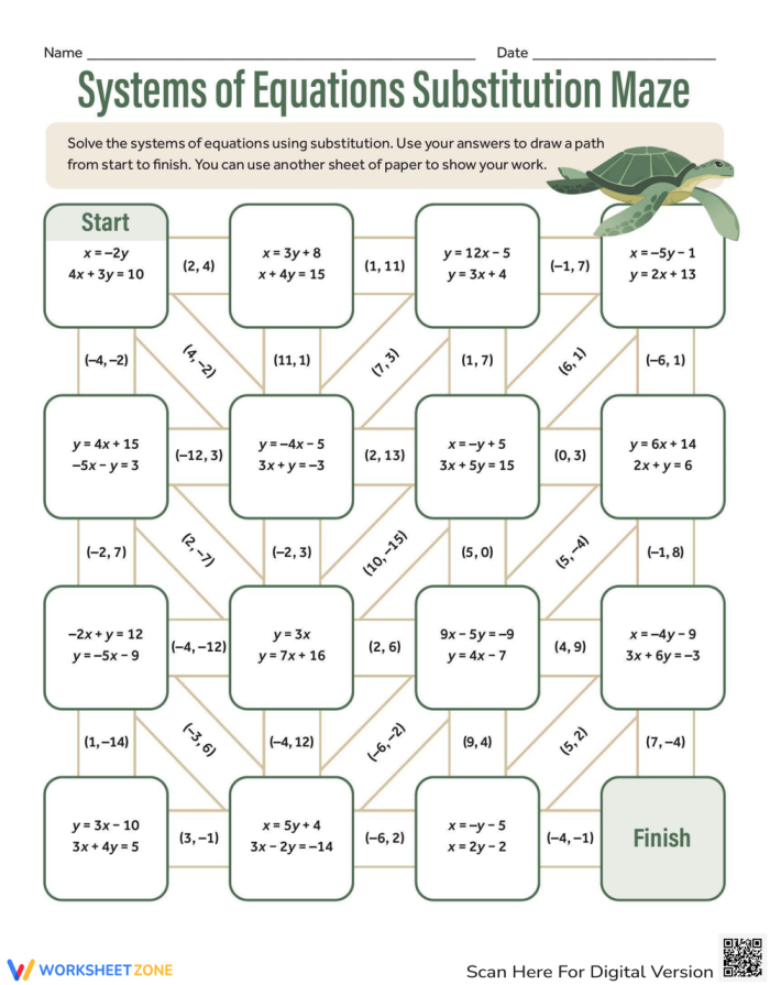Systems of Equations Substitution Maze Worksheet 7 Eighth grade math worksheet featuring a printable maze for solving systems of equations by substitution