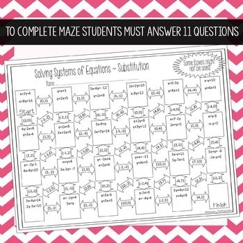 Systems of Equations Substitution Maze Worksheet Number 18 Eighth grade students solving algebraic systems of equations by moving through a maze worksheet