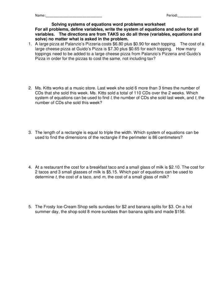 Systems of Linear Equations Word Problems Practice Activity for Grade 8 Eighth grade student solving systems of linear equations word problems on a math worksheet with pencil and paper