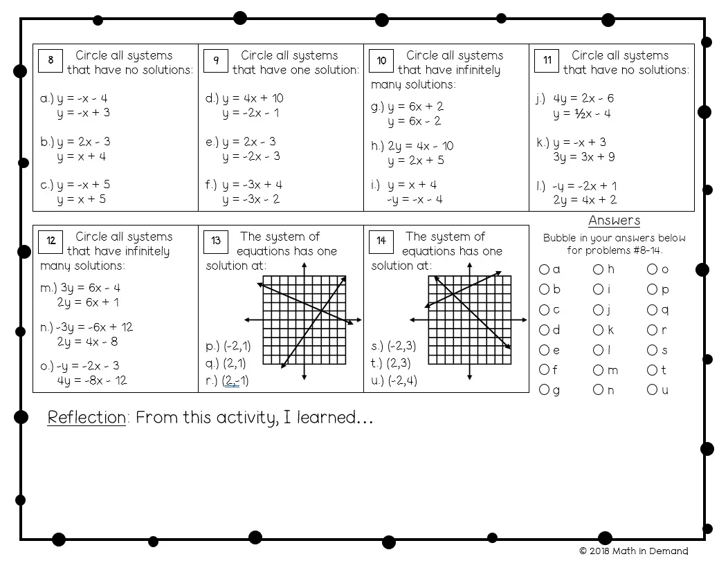 Solutions to Systems of Equations Practice Worksheet Number Six Eighth grade students working on an algebra worksheet to identify solutions for systems of equations