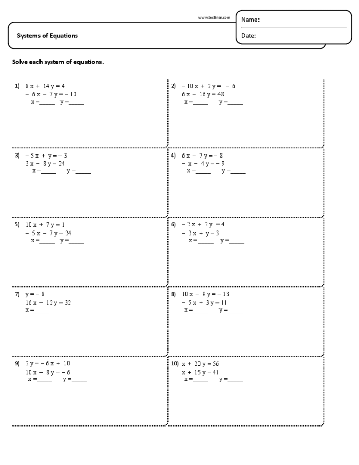 Systems of Equations Worksheet 21 Solutions Practice Eighth grade algebra worksheet focusing on finding solutions for systems of linear equations