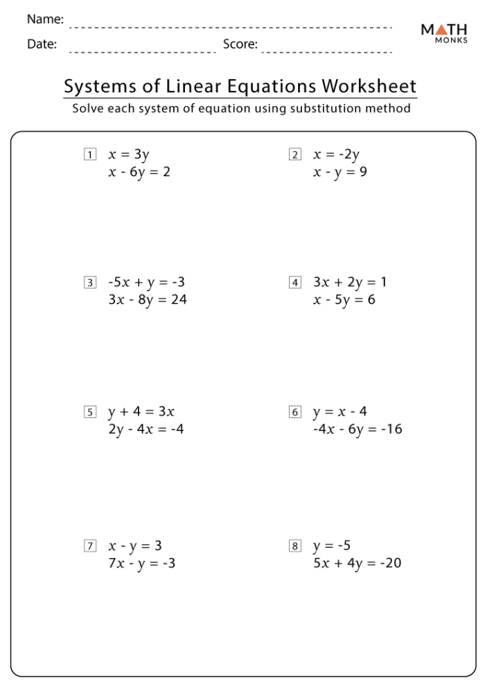 Solutions to Systems of Equations Worksheet Number Nine Eighth grade algebra worksheet showing problems for finding solutions to systems of equations