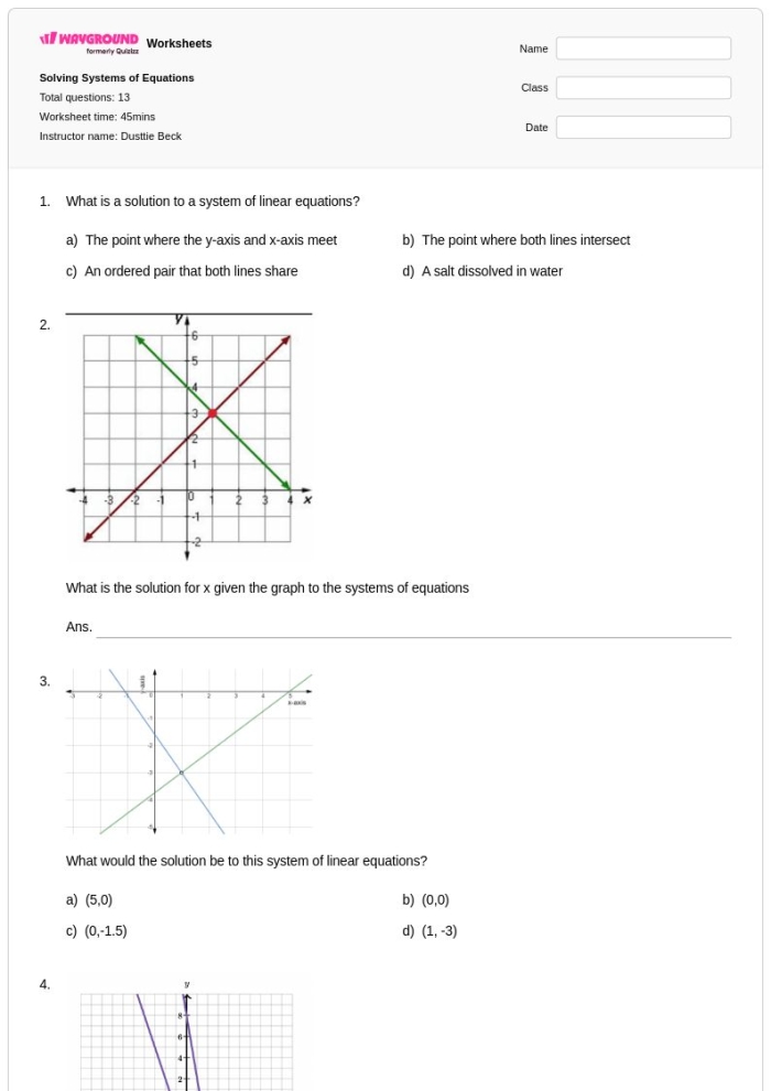 Systems of Equations: Number of Solutions worksheet for Eighth Grade