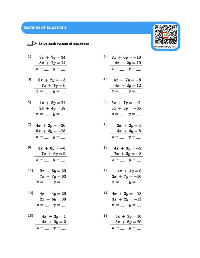 Solutions to Systems of Equations Practice Worksheet 16 Eighth grade algebra worksheet focusing on identifying solutions to systems of linear equations