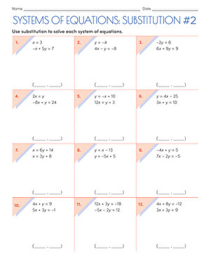 Eighth grade math worksheet focusing on finding solutions to systems of linear equations using the substitution method