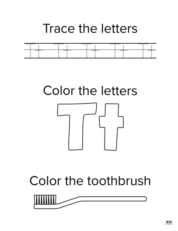 Engaging T Is For... worksheet to enhance letter recognition and coloring skills Colorful worksheet featuring the letter T for preschool learning and fun activities
