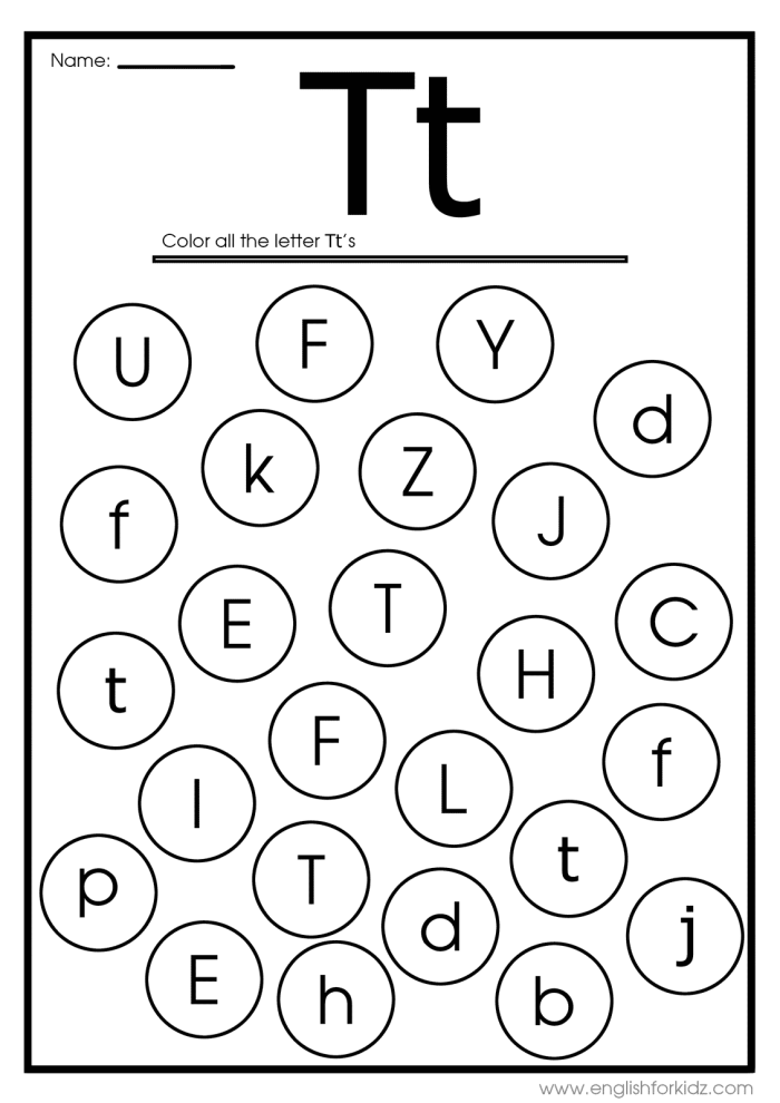 Fun and engaging T Is For... worksheet for early literacy skills Worksheet featuring the letter T for preschoolers to learn and color