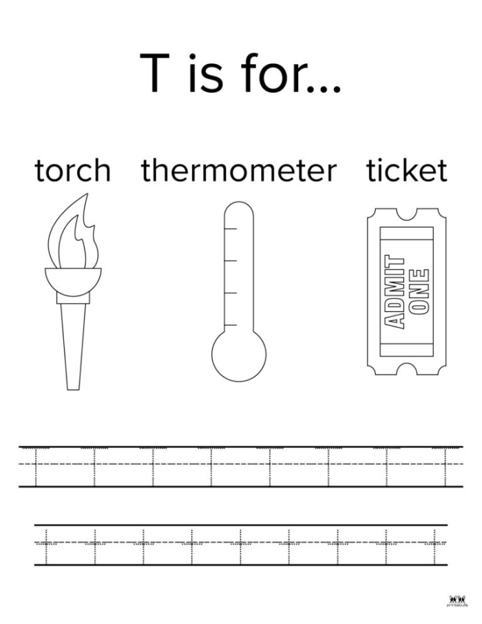 Engaging image of a T Is For... worksheet that encourages alphabet learning and coloring for Pre-K kids Colorful T Is For... worksheet designed for preschoolers to learn letter T sounds through fun activities