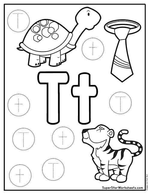 Engaging educational worksheet for Pre-K kids focused on the letter T and fun coloring activities Colorful T Is For... worksheet for preschoolers to learn the letter T and its sounds