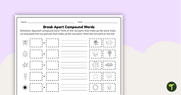 Worksheet featuring a fun cut-and-paste activity for learning compound words
