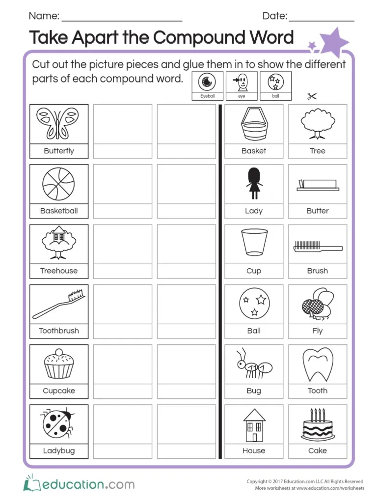 Colorful worksheet for kindergarten students to learn about compound words through cut-and-paste activities