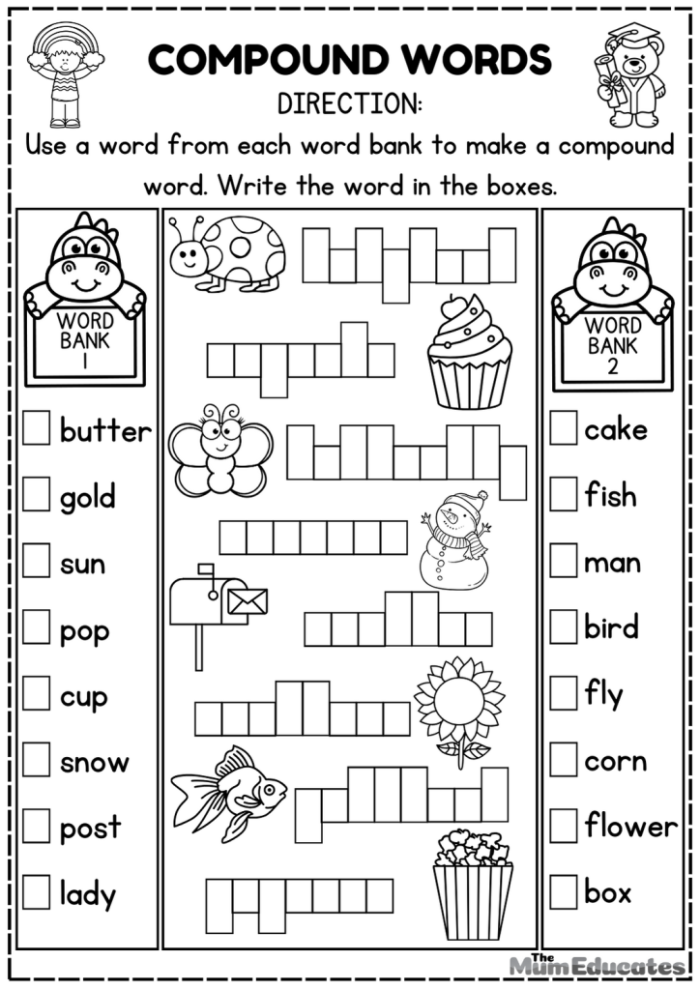 Cut-and-paste worksheet for teaching compound words in kindergarten