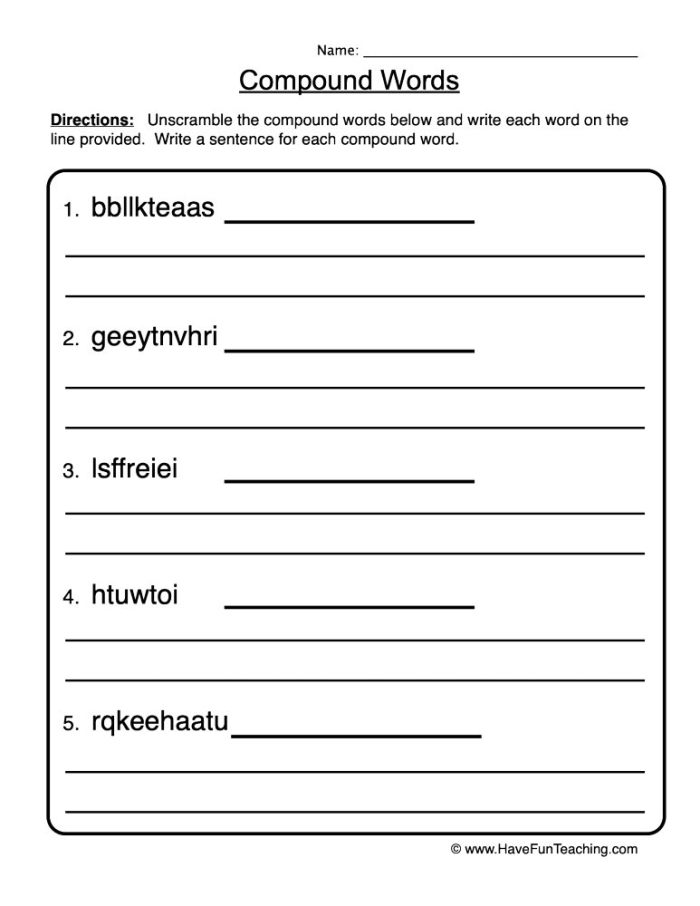Worksheet featuring activities to learn about compound words for kindergarten students