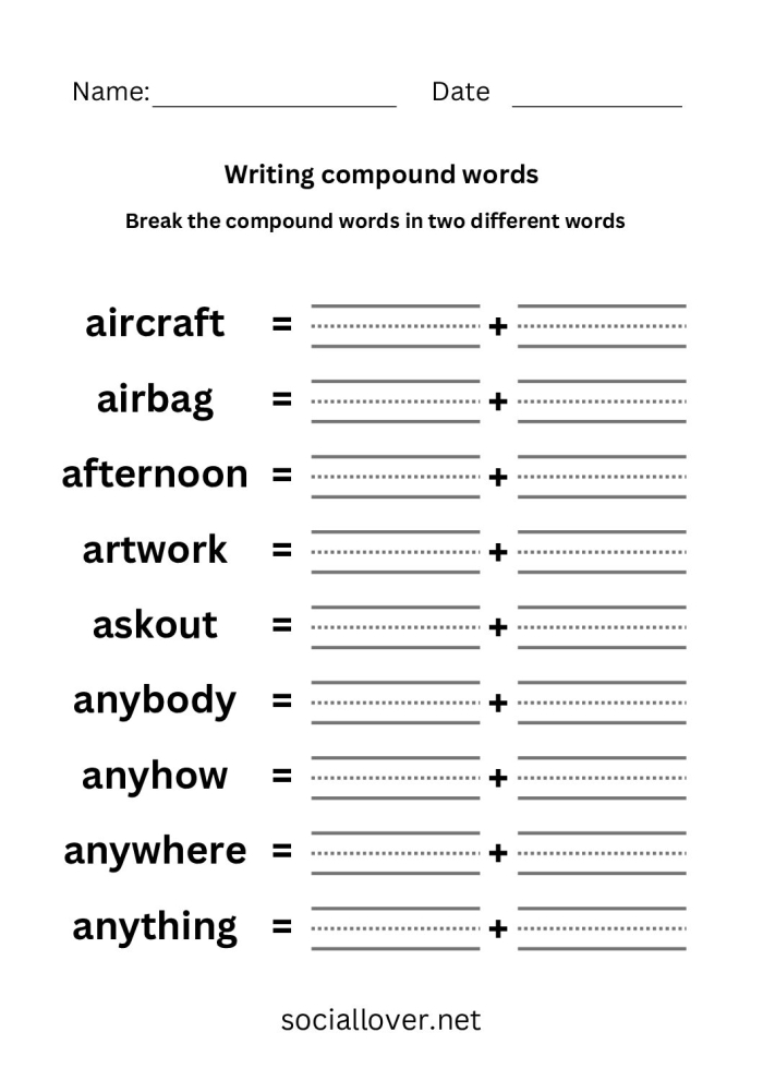Worksheet for identifying and creating compound words for kindergarten students