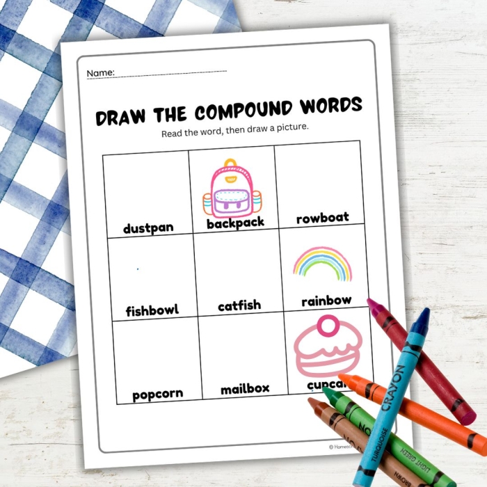 Colorful cut-and-paste worksheet for teaching compound words to kindergarten students
