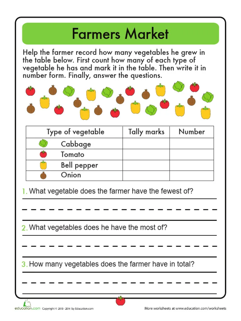 A first grade math worksheet featuring a tally chart for tracking various vegetables at a farmers market.