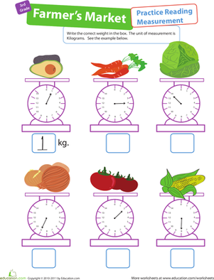 First grade math worksheet featuring vegetable tally counting at a colorful farmers market
