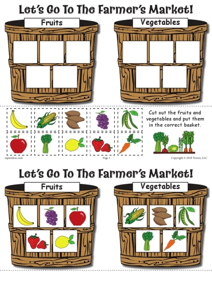 A first-grade worksheet helping children tally vegetables at the farmers market