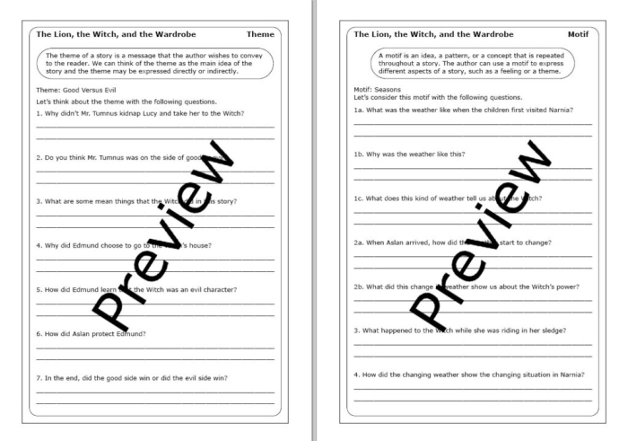 Sixth grade worksheet featuring figurative language analysis exercises based on The Lion the Witch and the Wardrobe