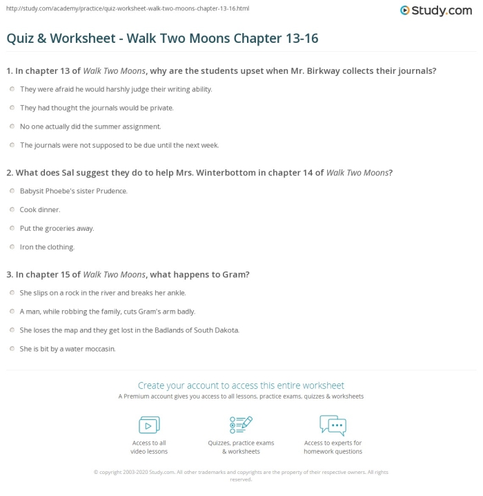 Targeted reading skills worksheet focused on making inferences in Walk Two Moons for fifth graders