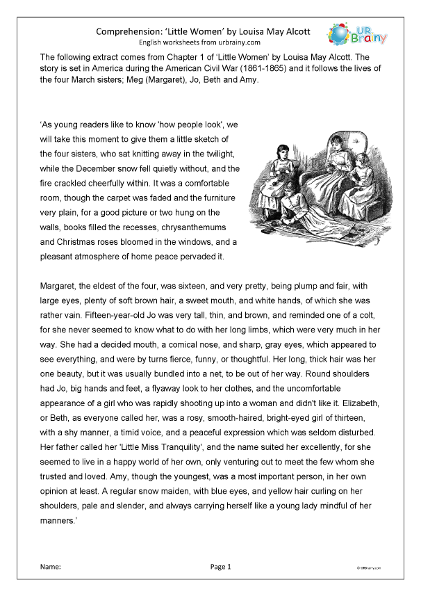 Alphabet worksheet for Sixth Grade Worksheet showcasing targeted reading skills focused on word choice in Little Women for sixth graders. Educational image illustrating the analysis of language impact from Louisa May Alcott's novel excerpt.