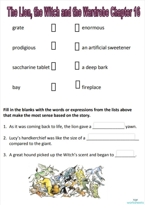 Worksheet for analyzing figurative language in The Lion, the Witch and the Wardrobe for sixth graders