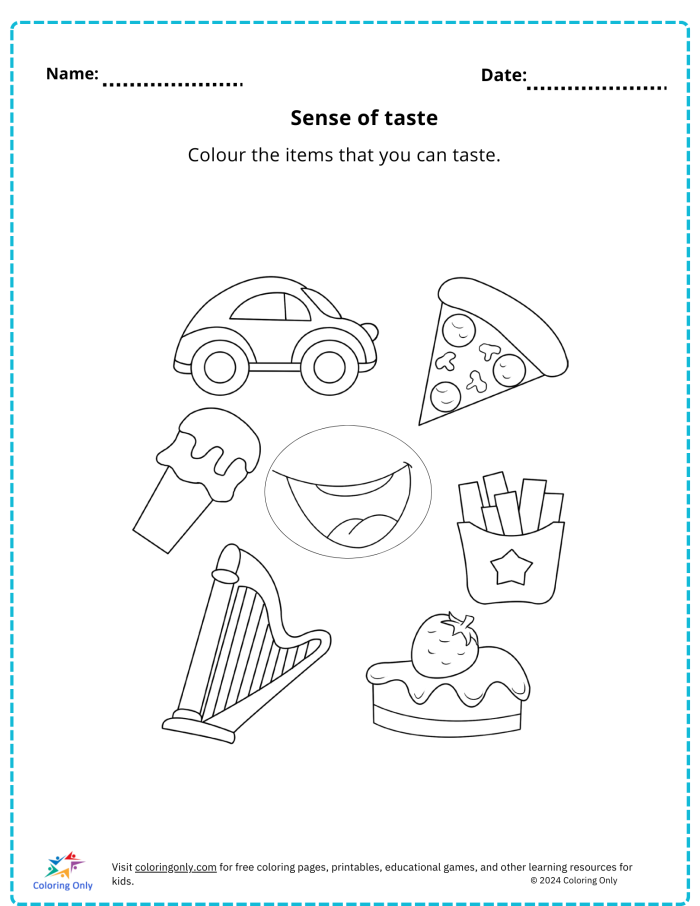 Engaging Taste Matching Worksheet for Kindergarten Kids on the Five Senses Colorful worksheet featuring taste matching activities for kindergarten students learning about the five senses