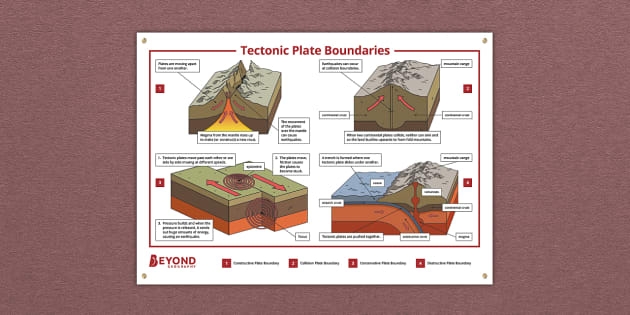 Diagram showing three types of tectonic plate boundaries with arrows indicating plate movement directions and resulting geological features for sixth grade students