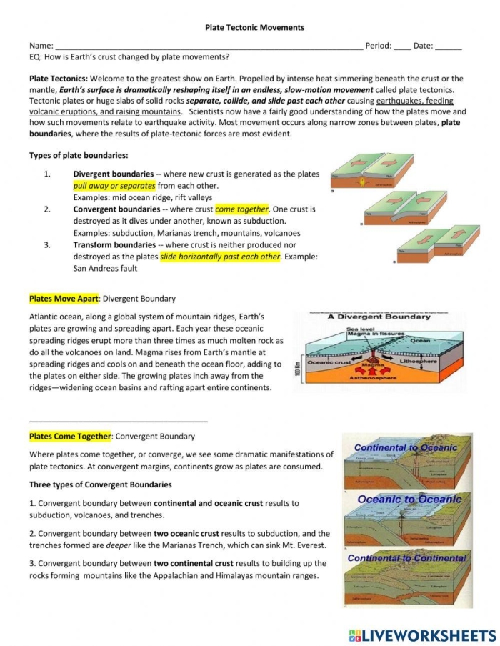 Diagram showing convergent, divergent, and transform tectonic plate boundaries with labeled geological features and earthquake zones for sixth grade earth science