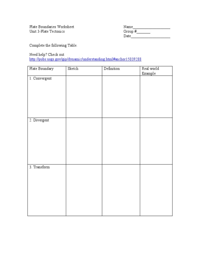 Tectonic Plate Boundaries worksheet for Sixth Grade