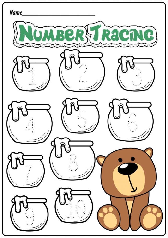 Pre-K worksheet featuring a group of cute teddy bears for students to count and color