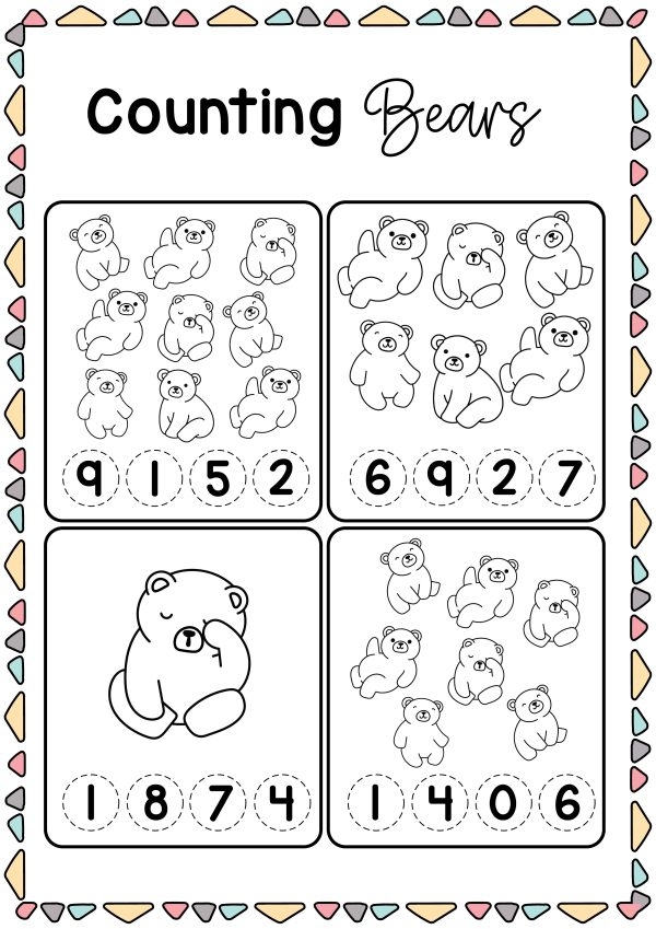 Pre-K students counting and coloring various cute teddy bears on a numbers worksheet