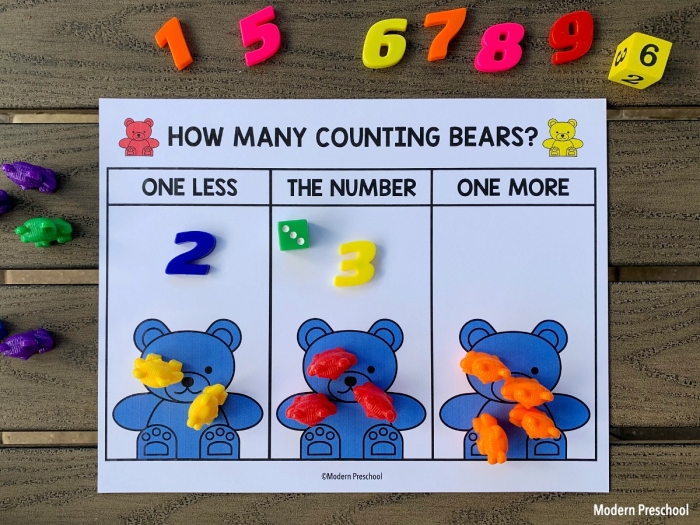 Pre-K student counting adorable teddy bears on a printable numbers and counting worksheet