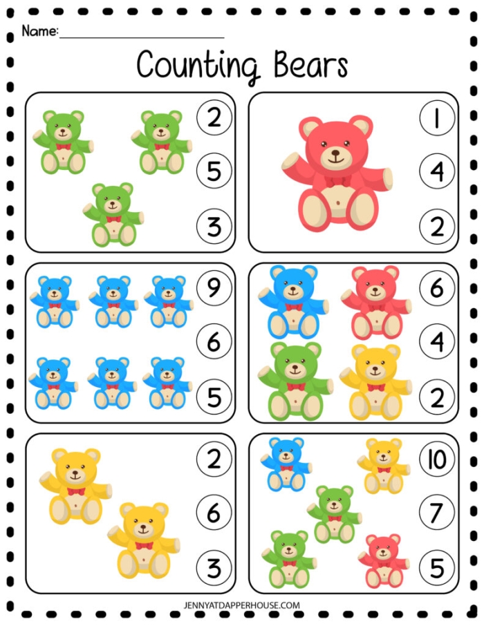 Preschool students counting colorful teddy bears on this engaging number worksheet
