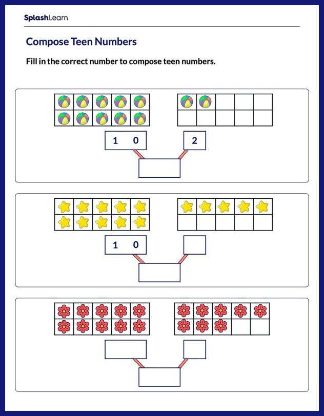 Image title: Teen Number Train worksheet for Kindergarten division practice. ALT text: A colorful worksheet featuring a number train for kids to cut and reorder the numbers.
