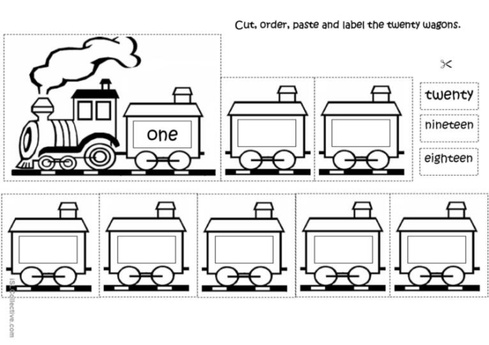 Division worksheet for Kindergarten Colorful Teen Number Train worksheet for Kindergarten students to practice ordering numbers through a fun cutting activity. Engaging image of a number train that challenges kids to arrange the cars in the correct sequence.